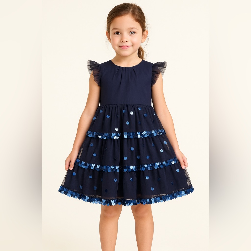 Crewcuts Girls' tiered navy tulle dress with paillettes, MSRP $109, size 6